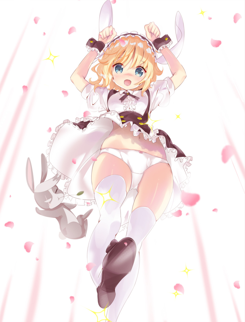 1girl :d animal animal_ears arms_up blonde_hair blue_eyes bow bow_panties center_frills commentary_request doku_momo eyebrows_visible_through_hair fleur_de_lapin_uniform floppy_ears frilled_cuffs frills from_below gochuumon_wa_usagi_desu_ka? headdress highres kirima_sharo looking_at_viewer looking_down navel open_mouth panties petals puffy_short_sleeves puffy_sleeves rabbit rabbit_ears short_hair short_sleeves smile solo thigh-highs underbust underwear upskirt wavy_hair white_legwear white_panties wild_geese wrist_cuffs