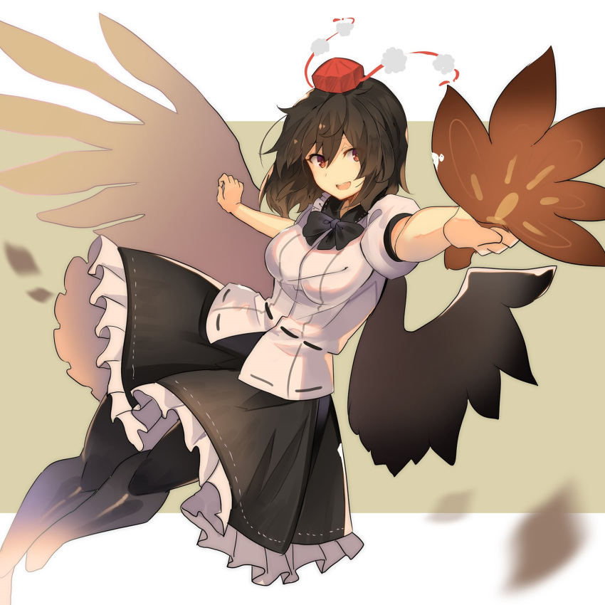 1girl :d bangs black_bow black_hair black_legwear black_neckwear black_skirt black_wings bow bowtie breasts commentary_request eyebrows_visible_through_hair fan feathered_wings feet_out_of_frame foreshortening grey_background hair_between_eyes hat highres holding holding_fan large_breasts leaf_fan looking_at_viewer open_mouth pantyhose petticoat pom_pom_(clothes) puffy_short_sleeves puffy_sleeves red_eyes rin_falcon shameimaru_aya shirt short_hair short_sleeves skirt smile solo tassel tokin_hat touhou two-tone_background white_background white_shirt wings
