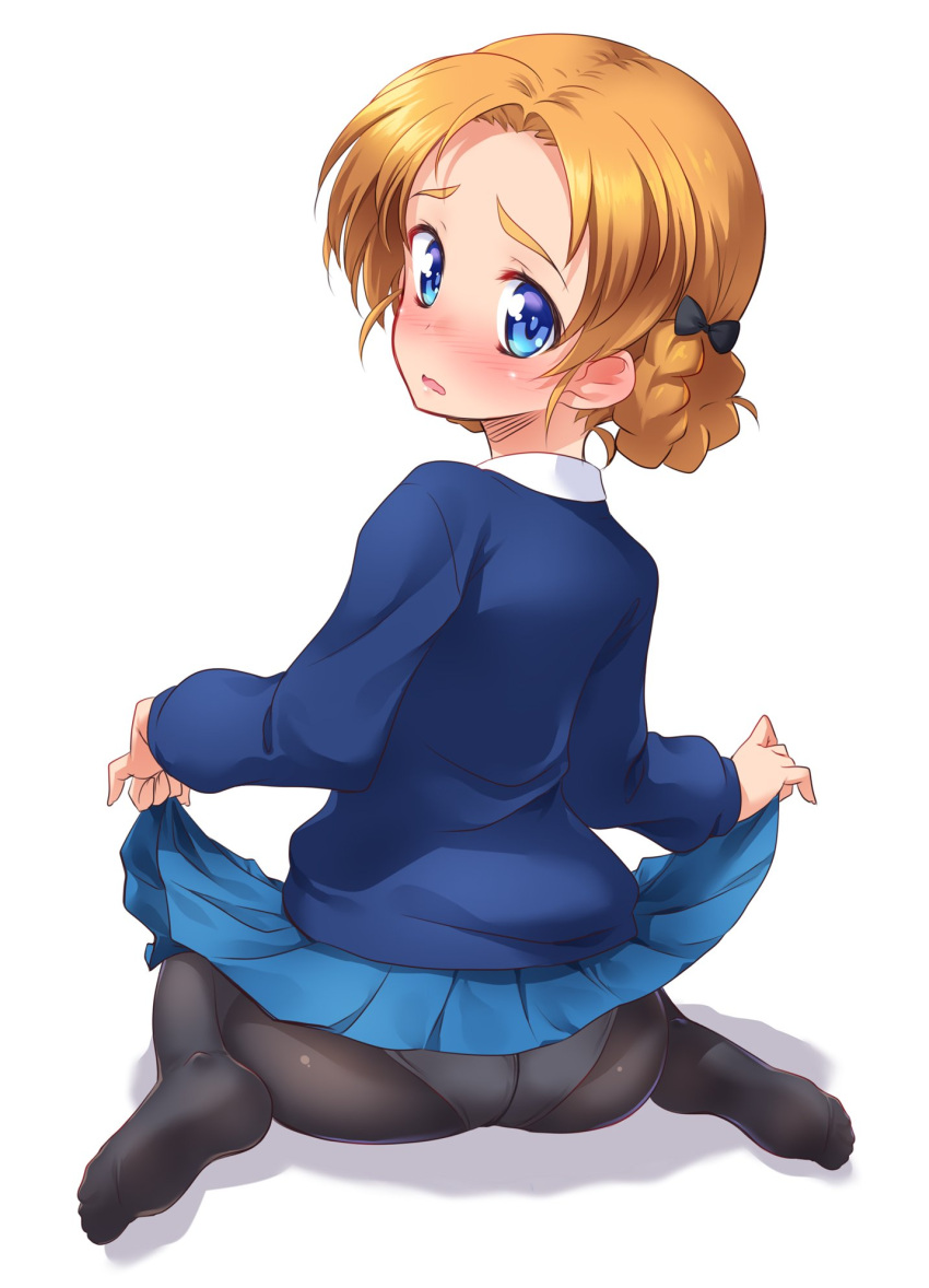 1girl ass bangs black_bow black_legwear blue_eyes blue_skirt blue_sweater blush bow braid commentary_request dress_shirt embarrassed from_behind frown full_body girls_und_panzer hair_bow highres kuzuryuu_kennosuke lifted_by_self long_sleeves looking_at_viewer looking_back miniskirt no_shoes orange_hair orange_pekoe panties panties_under_pantyhose pantyhose parted_bangs parted_lips pleated_skirt school_uniform shirt short_hair simple_background sitting skirt skirt_lift solo sweater tied_hair underwear wariza white_background white_shirt