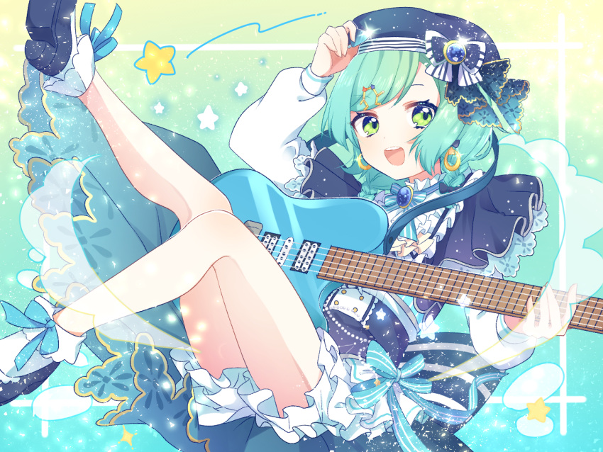 1girl :d adjusting_clothes adjusting_hat alternate_hairstyle bang_dream! beret blue_capelet blue_footwear blue_headwear blue_neckwear blue_ribbon blue_skirt bobby_socks bow braid brooch capelet constellation_hair_ornament earrings electric_guitar frills green_eyes guitar hat hat_bow hikawa_hina hinakano_h instrument jewelry legs_up long_sleeves looking_at_viewer neck_ribbon open_mouth petticoat ribbon skirt smile sock_bow socks solo star striped striped_neckwear symbol_commentary twin_braids white_legwear