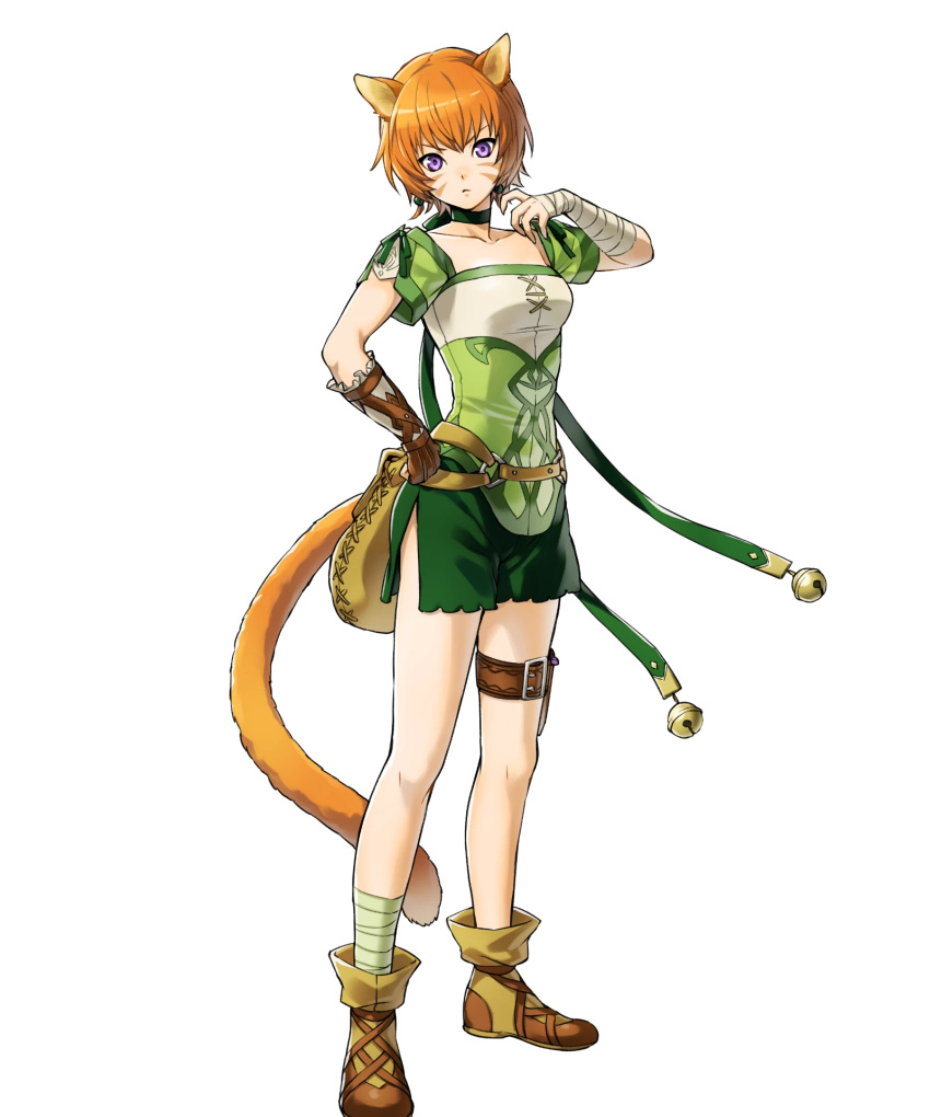1girl animal_ears bandage bandaged_arm bandaged_leg bandages bangs bell belt belt_pouch cat_ears cat_tail choker closed_mouth collarbone facial_mark female fire_emblem fire_emblem:_akatsuki_no_megami fire_emblem:_souen_no_kiseki fire_emblem_heroes full_body gloves green_shorts hand_on_hip hand_up highres jingle_bell kaya8 lethe looking_at_viewer nintendo official_art orange_hair pouch shiny shiny_hair shoes short_hair short_sleeves shorts side_slit simple_background single_glove solo standing tail thigh_strap transparent_background violet_eyes