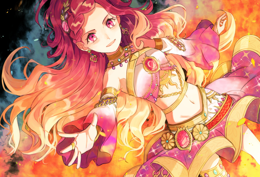 aikatsu! aikatsu!_(series) aikatsu_friends! anklet commentary detached_sleeves earrings fire gradient_hair hair_ornament highres jewelry kurodeko midriff multicolored_hair navel open_mouth orange_hair red_eyes redhead ring skirt tenshou_hibiki