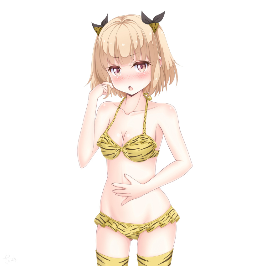 1girl :o absurdres animal_ears animal_print bangs black_bow blonde_hair blush bow bra breasts brown_eyes cleavage collarbone cowboy_shot eyebrows_visible_through_hair fake_animal_ears frilled_bra frilled_panties frills groin hair_bow highres iijima_yun navel new_game! panties print_bra print_legwear sainohikari short_hair simple_background small_breasts solo standing thigh-highs thigh_gap tiger_ears tiger_panties tiger_print tiger_stripes twintails underwear underwear_only white_background yellow_bra yellow_legwear yellow_panties