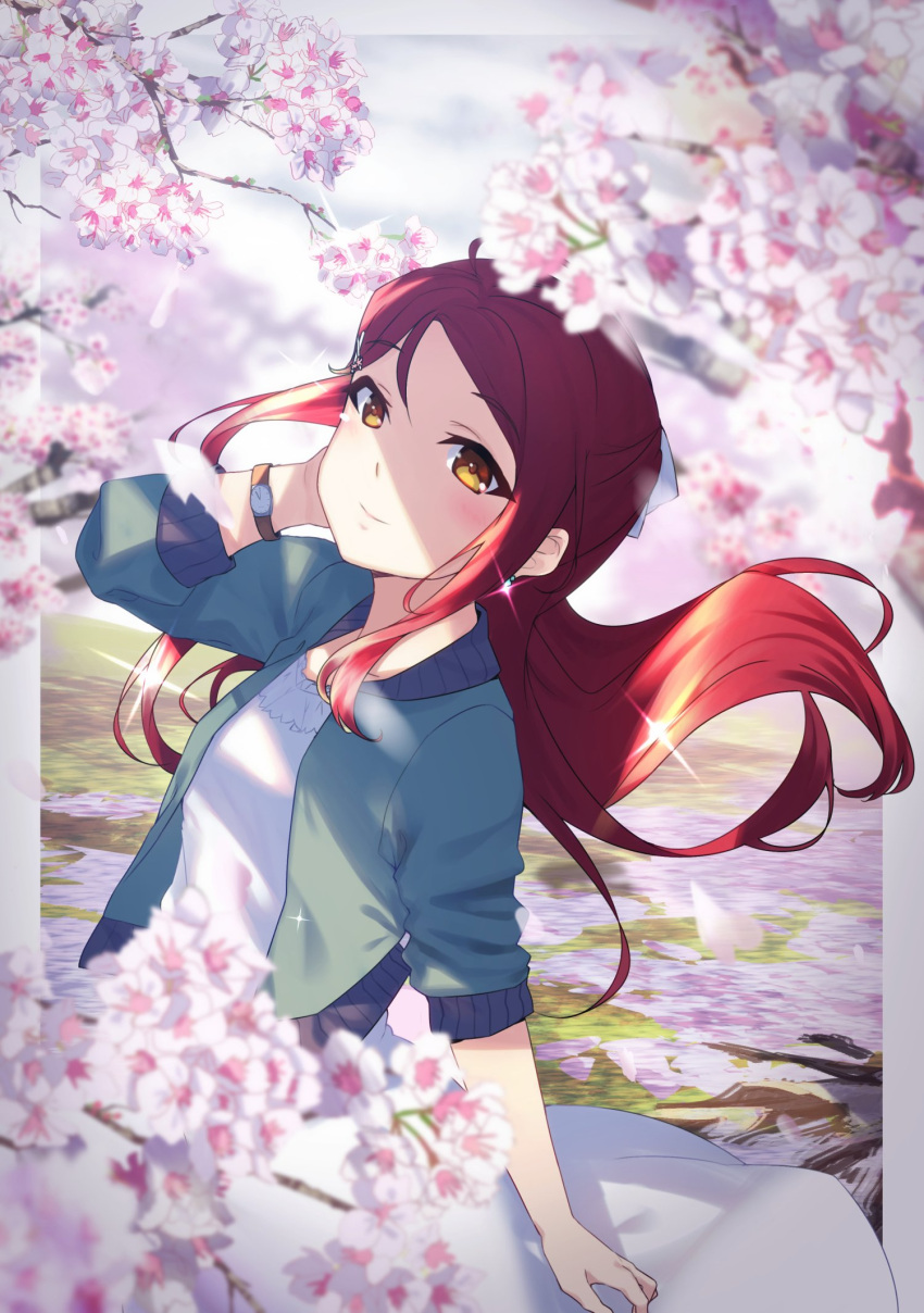 1girl ahoge aqua_jacket blush brown_eyes cherry_blossoms commentary_request dress earrings grey_dress hair_ribbon half_updo hand_on_own_cheek highres jacket jewelry long_hair looking_at_viewer love_live! love_live!_sunshine!! outdoors redhead ribbon sakurauchi_riko smile solo sparkle spring_(season) watch watch white_ribbon yamaori_(yamaorimon)