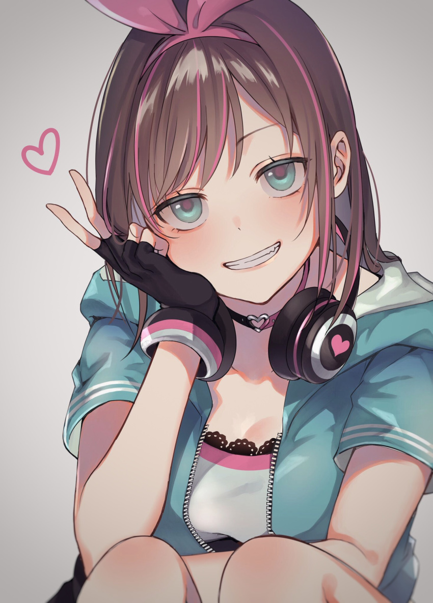 1girl a.i._channel alternate_costume alternate_hairstyle aqua_eyes bangs blush bow breasts brown_hair choker cleavage cropped_jacket fang fingerless_gloves gloves hairband half-closed_eyes headphones heart heart_choker highres kizuna_ai looking_at_viewer multicolored_hair naughty_face open_clothes pink_bow pink_hair pink_hairband short_sleeves sitting smile solo swept_bangs teeth two-tone_hair v virtual_youtuber