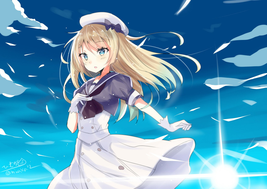 1girl beret blonde_hair blue_eyes blue_sailor_collar blush braid clouds dress eyebrows_visible_through_hair french_braid gloves gradient_sky hair_between_eyes hat highres hizaka jervis_(kantai_collection) kantai_collection looking_away open_mouth sailor_collar sailor_dress sailor_hat short_sleeves sky solo sun sunlight white_dress white_gloves white_headwear