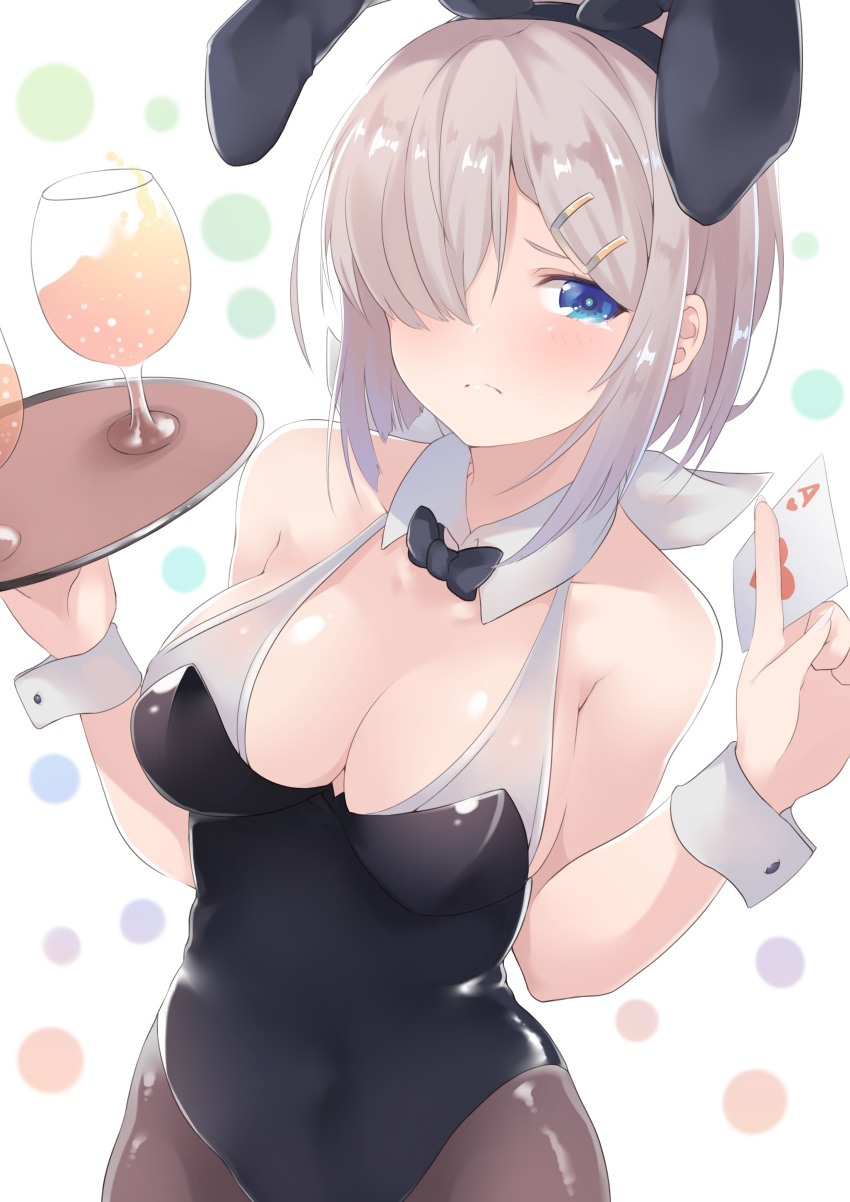 1girl absurdres animal_ears bare_shoulders black_legwear black_leotard black_neckwear blue_eyes blush bow bowtie bra breasts bunny_girl bunnysuit card cleavage covered_navel cup detached_collar drinking_glass dyson_(edaokunnsaikouya) glass hair_between_eyes hair_ornament hair_over_one_eye hamakaze_(kantai_collection) highres kantai_collection large_breasts leotard looking_at_viewer medium_breasts pantyhose poker polka_dot polka_dot_background rabbit_ears short_hair silver_hair smile solo strapless strapless_leotard tray underwear upper_body white_background white_bra wrist_cuffs