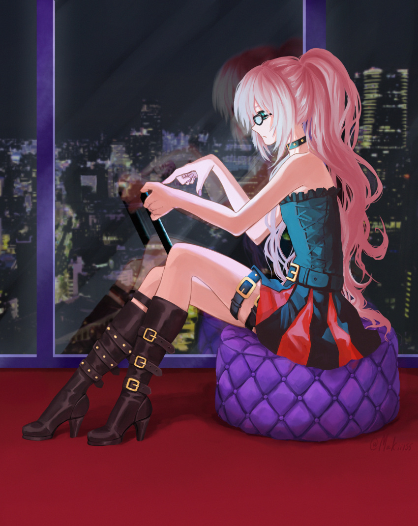 1boy absurdres bare_shoulders black_footwear boots choker crossdressinging gatchaman_crowds glasses green_eyes high_heel_boots high_heels highres huge_filesize long_hair makii155 male_focus ninomiya_rui pink_hair skirt solo thigh_strap trap very_long_hair