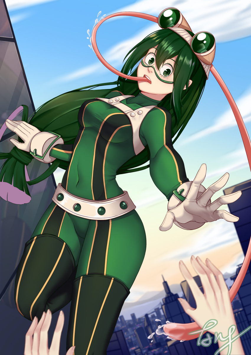 1girl ang_(6107939) asui_tsuyu beige_gloves black_eyes bodysuit boku_no_hero_academia breasts city commentary_request eyebrows_visible_through_hair frog_girl gloves goggles goggles_on_head green_bodysuit green_hair hair_between_eyes hair_rings highres long_hair long_sleeves long_tongue looking_at_viewer low-tied_long_hair medium_breasts outdoors signature solo_focus tongue tongue_out upper_teeth