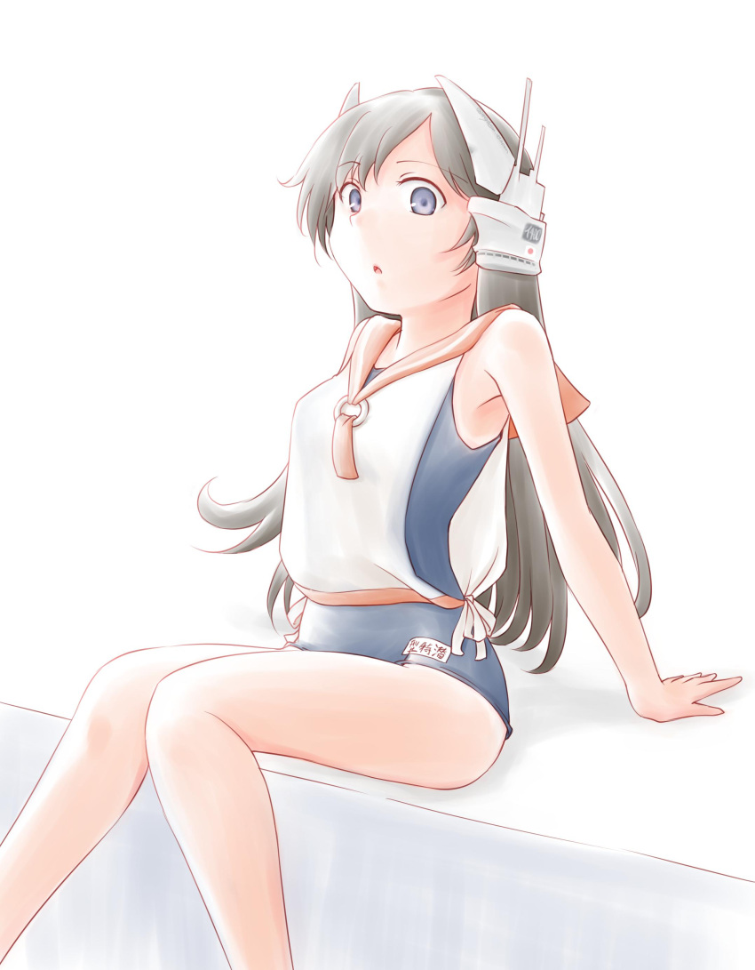 1girl :0 absurdres bare_legs black_hair blue_swimsuit blush breasts cowboy_shot eyebrows_visible_through_hair hair_between_eyes headgear highres i-400_(kantai_collection) kantai_collection long_hair looking_at_viewer meihemu open_mouth orange_sailor_collar sailor_collar school_swimsuit shadow shirt simple_background sitting sleeveless sleeveless_shirt small_breasts smile solo swimsuit tan violet_eyes wall white_background