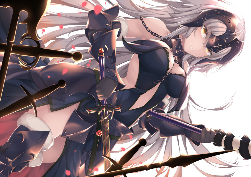 1girl absurdres ahoge armor armored_dress bangs bare_shoulders black_armor black_dress black_gloves boots breasts chains dress elbow_gloves fate/grand_order fate_(series) fur_trim gauntlets gloves greaves hair_between_eyes headpiece highres jeanne_d'arc_(alter)_(fate) jeanne_d'arc_(fate)_(all) kana616 large_breasts long_hair looking_at_viewer polearm silver_hair solo spanish_commentary sword thigh-highs thigh_boots thighs very_long_hair weapon white_background yellow_eyes