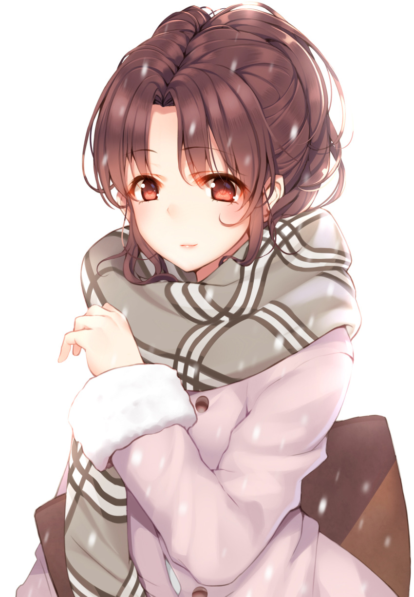 1girl bag bangs brown_hair closed_mouth coat commentary enpera fur-trimmed_sleeves fur_trim grey_scarf hand_up highres kazuzu looking_at_viewer original parted_bangs pink_coat plaid plaid_scarf red_eyes scarf simple_background smile snowing solo upper_body white_background winter winter_clothes winter_coat