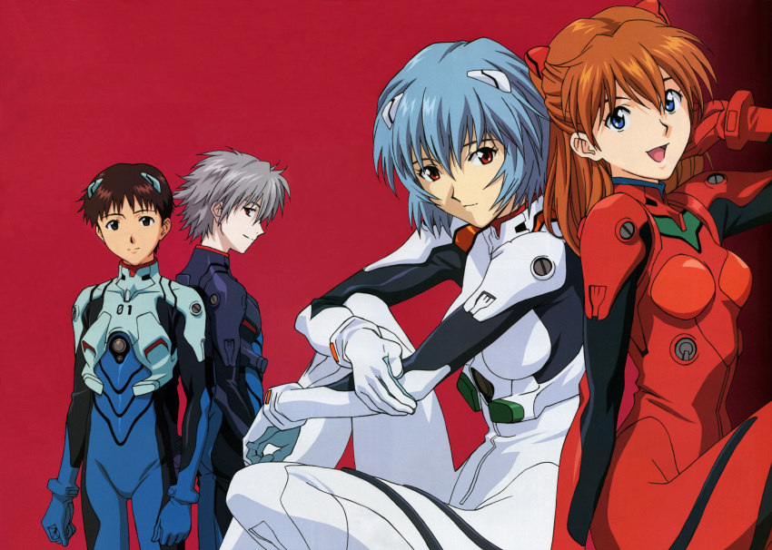 ayanami_rei blue_hair brown_hair highres ikari_shinji nagisa_kaworu neon_genesis_evangelion pale_skin plugsuit red_eyes red_hair scan short_hair silver_hair smile souryuu_asuka_langley