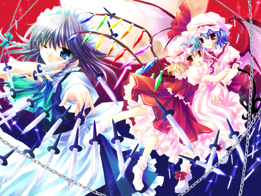 blonde_hair blue_eyes blue_hair bow braid chain dress flandre_scarlet hat highres izayoi_sakuya knife laevatein maid maid_headdress moon red_eyes remilia_scarlet ribbon sakurazawa_izumi side_ponytail skirt socks touhou wallpaper wings wrist_cuffs