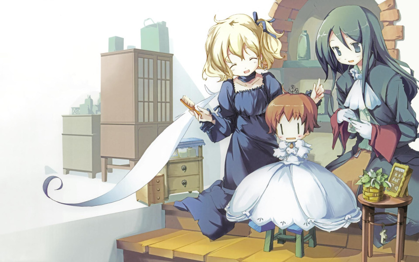 aqua_eyes aqua_hair ascot blonde_hair blush brown_hair chair child christina closed_eyes coco_(katahane) crown dress efa fue_(tsuzuku) hair_brush hair_ribbon happy highres katahane kneeling long_hair plant pointing ribbon scan scarf short_hair side_ponytail sitting stool wakaba wallpaper wedding_dress |_|