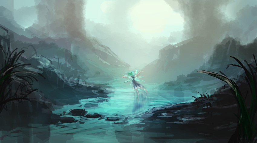 back bad_id cirno dancing highres lm7_(op-center) op-center river scenery solo sunlight touhou wings