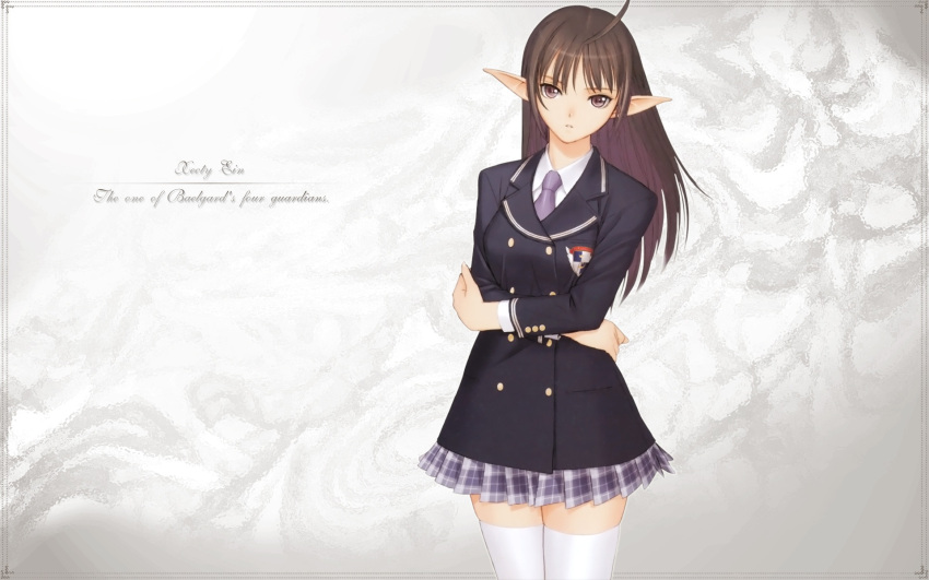 1920x1200 1girl ahoge bangs brown_hair feet_out_of_frame female highres jacket long_hair long_sleeves miniskirt necktie plaid plaid_skirt pleated_skirt pointy_ears school_uniform shining_(series) shining_wind skirt solo standing taka_tony thighhighs thighs wallpaper white_legwear white_thighhighs xecty xecty_ein zettai_ryouiki