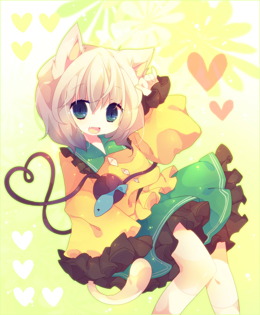 ana_(rznuscrf) animal_ears blue_eyes cat_ears cat_tail fang fish heart heart_of_string highres kemonomimi_mode komeiji_koishi no_hat no_headwear short_hair silver_hair smile socks solo tail touhou