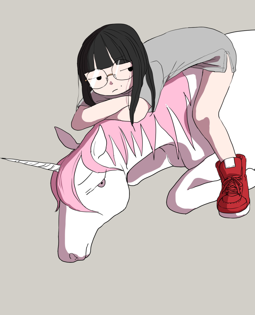 1boy 1girl black_hair blunt_bangs emuko_(ikkakujuu_wa_tsuranukanai) glasses highres ikkakujuu_wa_tsuranukanai ikuta_semi long_hair mole pink_hair riding riding_animal round_eyewear shirt shoes sneakers t-shirt uni_(ikkakujuu_wa_tsuranukanai)