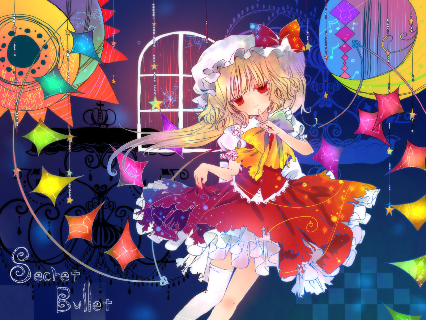 blonde_hair bow colored_eyelashes crescent eyelashes finger_to_mouth flandre_scarlet hat highres red_eyes side_ponytail single_thighhigh skirt_hold star thighhighs torii_sumi torn_clothes touhou wallpaper white_legwear wings