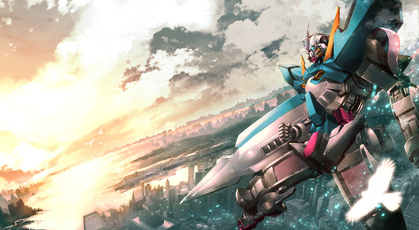 city cityscape cloud exia gundam gundam_00 highres keiji_asakawa landscape mecha mobile_suit_gundam mobile_suit_gundam_00 panorama scenery sky