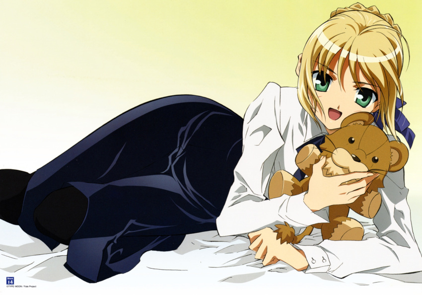 1girl ahoge artoria_pendragon_(all) bed blonde_hair fate/stay_night fate_(series) green_eyes looking_at_viewer plushie ribbon saber smile solo stuffed_lion tagme uniform yellow_background
