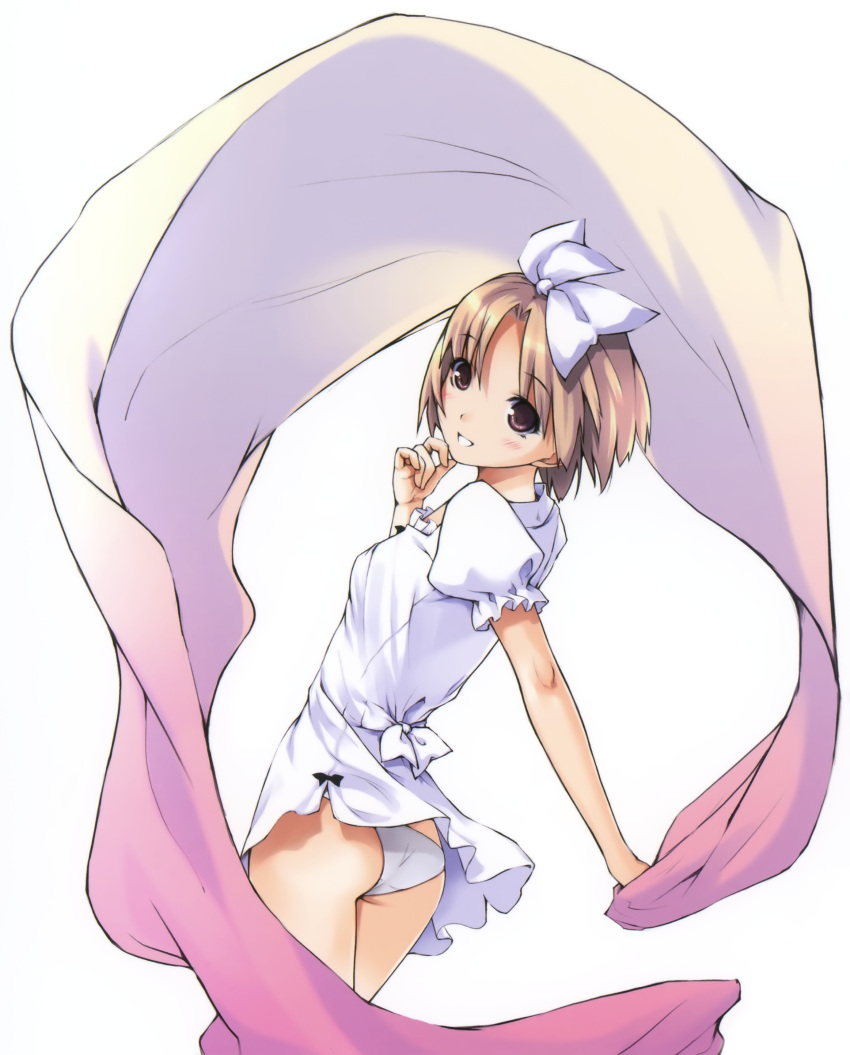 1girl :d ass blonde_hair blush bow dress female hair_bow hair_ribbon highres looking_at_viewer looking_back noantica ooji original panties purple_eyes ribbon short_hair simple_background smile solo source_request teeth underwear white_background white_bow white_panties