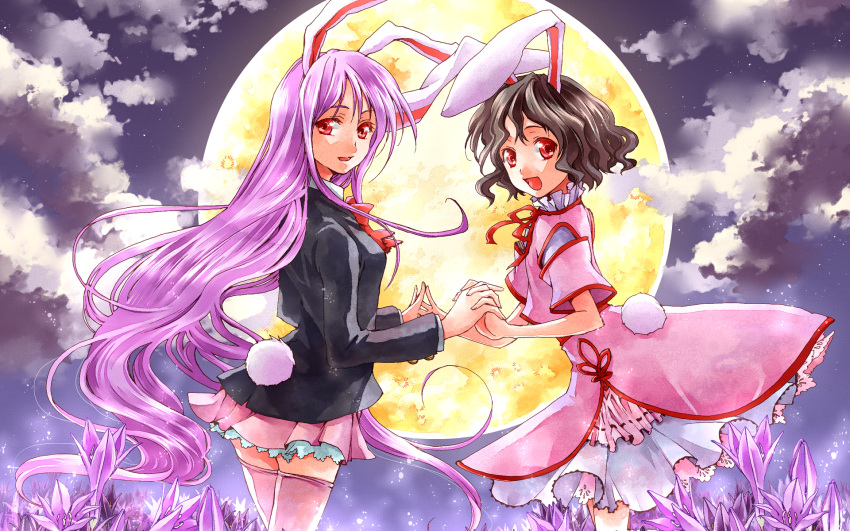 animal_ears brown_hair bunny_ears bunny_tail highres inaba_tewi long_hair m_(pixiv) moon multiple_girls purple_hair red_eyes reisen_udongein_inaba short_hair skirt tail thighhighs touhou wallpaper