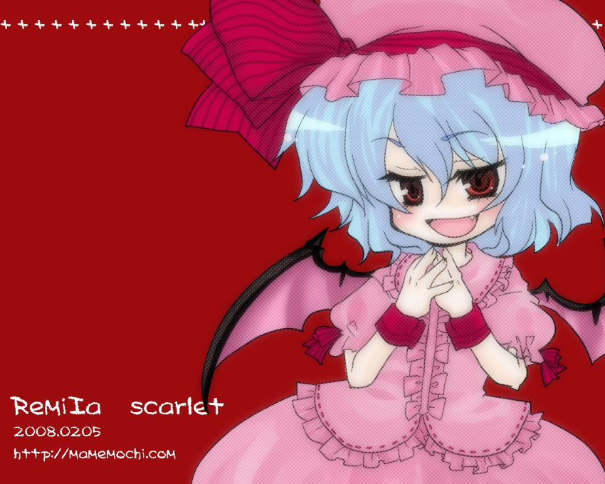 :d bangs bat_wings blue_hair blush bow character_name chibi demon_girl dress fang fingernails flat_chest frills hands_clasped hat lolita_fashion long_fingernails looking_at_viewer mame. naughty_face open_mouth red red_eyes remilia_scarlet short_hair simple_background smile solo striped touhou wallpaper wings wrist_cuffs