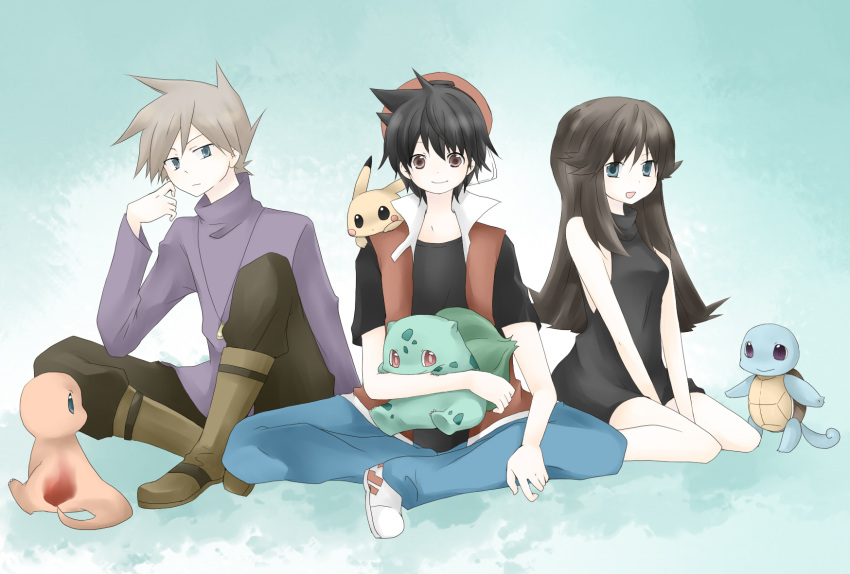 2boys bare_shoulders blue_(pokemon) blue_eyes boots brown_hair bulbasaur charmander dress group jeans jewelry long_hair long_sleeves male multiple_boys necklace ookido_green open_mouth pants pikachu pokemon pokemon_special popped_collar red_(pokemon) red_eyes shoes short_sleeves sitting smile spiky_hair squirtle tomine_chiho vest violet_eyes