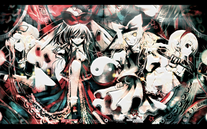 alice_margatroid black_eyes blonde_hair card cover falling_card hairband hakurei_reimu hat highres kei_(artist) kirisame_marisa long_hair nail_polish redalice ribbon short_hair skirt smile star touhou wallpaper witch_hat yakumo_yukari yellow_eyes yin_yang