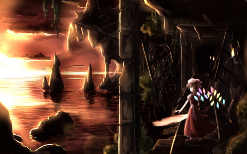 fire flandre_scarlet hat highres mashayuki red_eyes ruins scenery solo sunset sword touhou water weapon wings