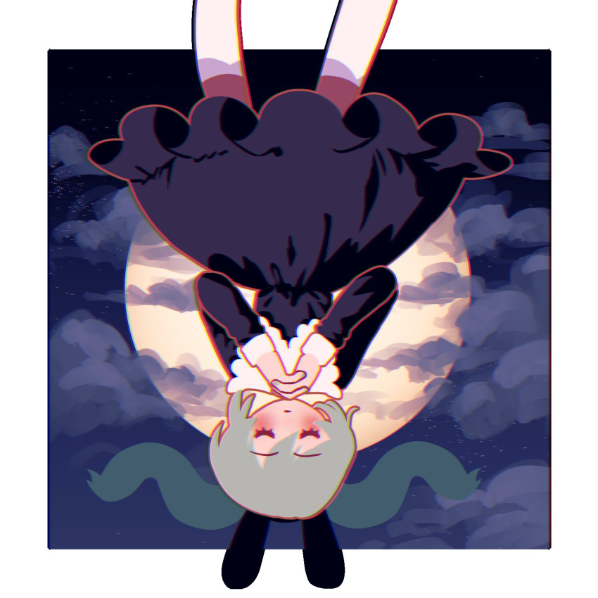 1girl black_dress blush border chromatic_aberration closed_eyes clouds commentary dress english_commentary full_moon green_hair hatsune_miku highres loveit_(vocaloid) moon nail_polish outside_border solo twintails u_u velvetterabby vocaloid white_border