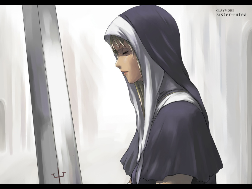1280x960 claymore claymore_(sword) closed_eyes face galatea letterboxed long_hair profile scar solo sword tea_(artist) wallpaper weapon