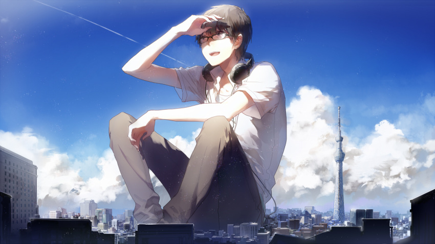 1boy city cityscape clouds giant glasses headphones niconico open_mouth pants rella scenery shirt shoose short_hair sitting sky solo tower vocaloid