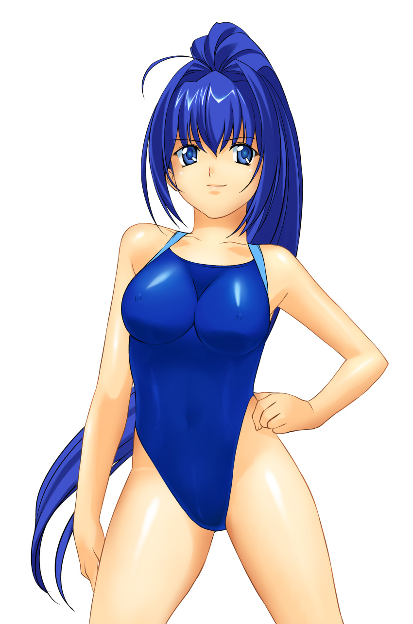 absurdres ahoge bare_shoulders blue_eyes blue_hair erect_nipples hand_on_hip hayase_mitsuki highres kimi_ga_nozomu_eien long_hair one-piece one-piece_swimsuit ponytail standing swimsuit