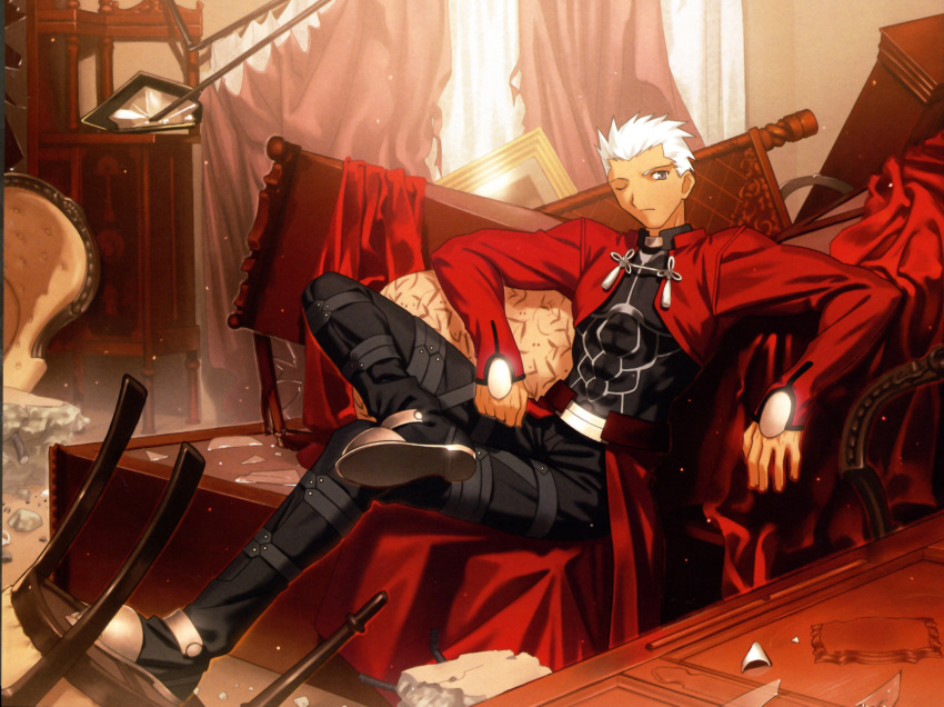 absurdres archer crossed_legs fate/stay_night fate_(series) game_cg highres male scan short_hair sitting solo takeuchi_takashi white_hair