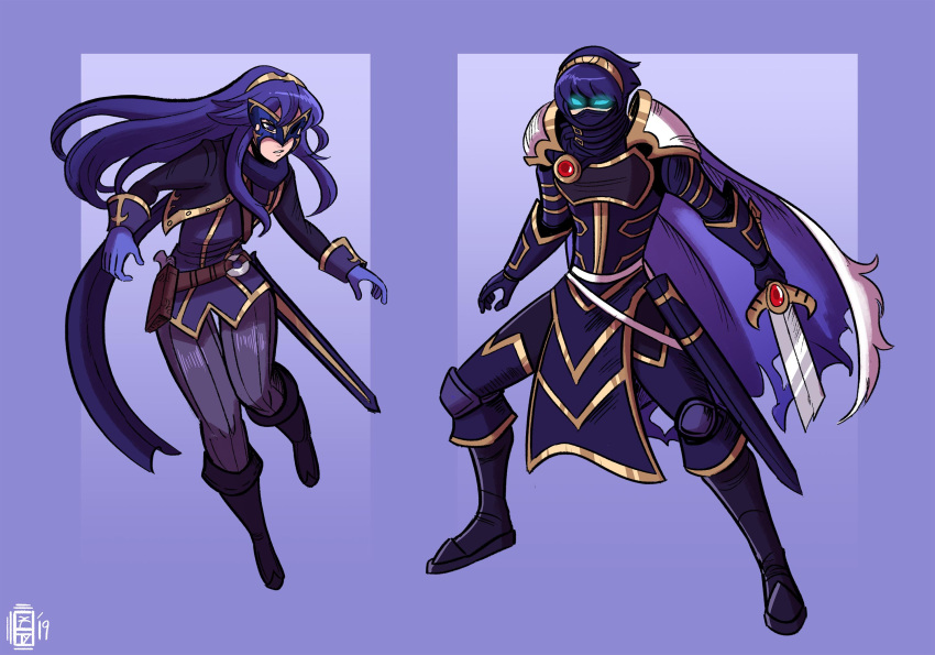 1girl armor blue_eyes blue_hair cape falchion_(fire_emblem) fingerless_gloves fire_emblem fire_emblem:_kakusei fire_emblem:_mystery_of_the_emblem gloves hair_between_eyes highres long_hair looking_at_viewer lucina marth mask nintendo persona persona_5 scruffyturtles simple_background smile sword tiara weapon