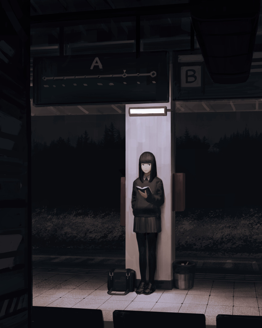1girl absurdres bag black_eyes black_footwear black_legwear black_skirt black_sweater book closed_mouth commentary english_commentary expressionless full_body guweiz highres holding holding_book loafers long_sleeves looking_at_viewer medium_hair miniskirt night open_book original outdoors railroad_tracks shoes skirt solo standing sweater train_station