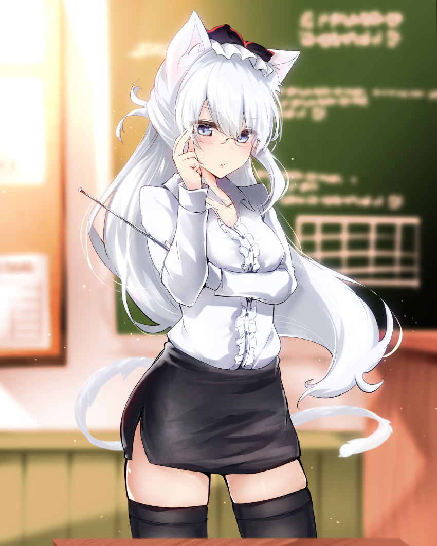 1girl absurdres adjusting_eyewear alternate_costume animal_ear_fluff animal_ears arm_under_breasts azur_lane bespectacled black_legwear black_skirt blue_eyes blurry blurry_background blush bow breasts cat_ears cat_tail chalkboard classroom collarbone collared_shirt commentary floating_hair frilled_shirt frills glasses hair_bow hammann_(azur_lane) highres indoors light_particles long_hair looking_at_viewer medium_breasts open_mouth pencil_skirt rurekuchie shirt skirt solo standing sweatdrop table tail teacher thigh-highs white_hair white_shirt