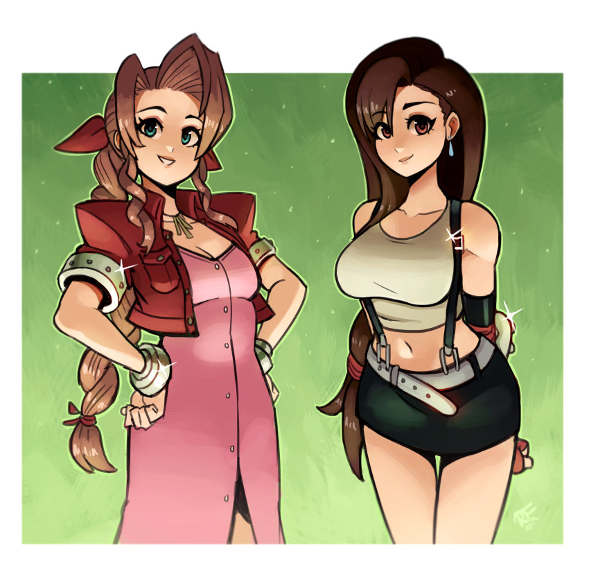 2girls absurdres aerith_gainsborough arms_behind_back bare_shoulders belt black_skirt bow braid breasts brown_hair cleavage closed_mouth collarbone commentary cropped_jacket dress earrings elbow_gloves elbow_pads final_fantasy final_fantasy_vii fingerless_gloves gloves green_eyes hair_ribbon hands_on_hips highres jewelry long_dress long_hair low-tied_long_hair midriff miniskirt multiple_girls navel pencil_skirt pink_dress ponytail ravenousruss red_bow ribbon shirt simple_background single_braid skirt smile standing suspender_skirt suspenders tank_top taut_clothes taut_shirt tifa_lockhart very_long_hair