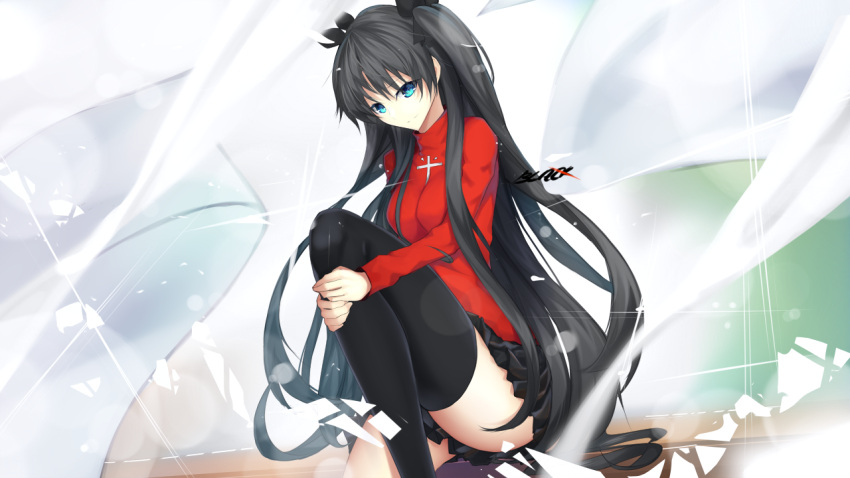 1girl black_(blackfallsensei) black_bow black_hair black_legwear black_skirt blue_eyes bow fate/stay_night fate_(series) floating_hair hair_bow long_hair long_sleeves looking_down miniskirt pleated_skirt red_sweater shiny shiny_clothes sitting skirt smile solo sweater thigh-highs tohsaka_rin turtleneck turtleneck_sweater twintails very_long_hair zettai_ryouiki