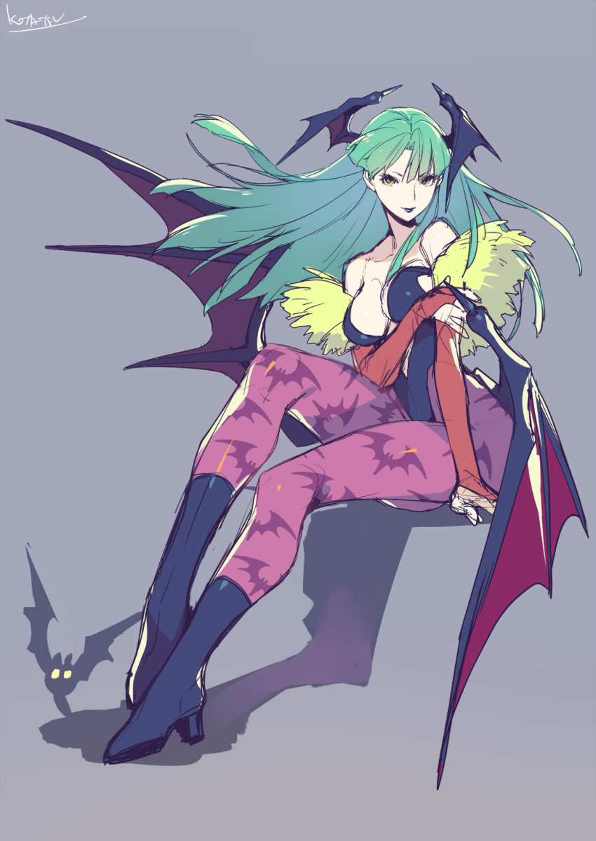 1girl animal_print bangs bare_shoulders bat bat_print bat_wings black_footwear black_leotard elbow_gloves gloves green_eyes green_hair grey_background head_wings highres kotatsu_(g-rough) leotard long_hair morrigan_aensland purple_legwear red_gloves simple_background sitting solo vampire vampire_(game) wings