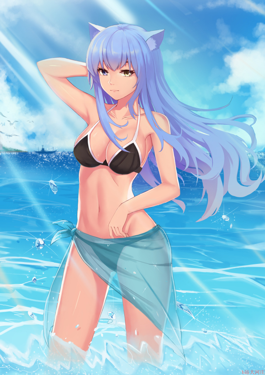 1girl absurdres animal_ear_fluff animal_ears arm_up bangs bare_arms bare_shoulders bikini bird black_bikini blue_eyes blue_hair blue_sky breasts cat_ears clouds collarbone commentary_request cowboy_shot dahe_zhuang_(yishi_fanhua) day groin halterneck hand_in_hair heterochromia highres light_particles light_rays long_hair looking_at_viewer medium_breasts navel ocean original outdoors revision sarong see-through ship sidelocks sky smile solo sparkle standing stomach swimsuit thighs wading water_drop watercraft yellow_eyes