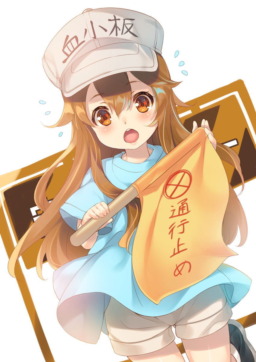 1girl black_footwear blue_shirt boots brown_eyes brown_hair brown_shorts child flag flying_sweatdrops hat hataraku_saibou highres holding long_hair mayuzaki_yuu open_mouth platelet_(hataraku_saibou) shirt shorts shouting solo