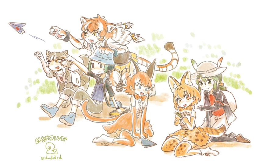 6+girls :d animal_ears backpack bag black_gloves blonde_hair blue_eyes bow bowtie caracal_(kemono_friends) caracal_ears caracal_tail commentary cuffs dog_(mixed_breed)_(kemono_friends) dog_ears dog_tail elbow_gloves extra_ears gloves green_eyes green_hair grey_hair hat hat_feather heterochromia high-waist_skirt kaban_(kemono_friends) kemono_friends kneeling kyururu_(kemono_friends) long_hair low_ponytail multicolored_hair multiple_girls open_mouth orange_eyes orange_gloves orange_hair pants paper_airplane paws print_legwear print_skirt serval_(kemono_friends) serval_ears serval_print serval_tail shackles short_hair shuushuusha siberian_tiger_(kemono_friends) simple_background sitting skirt smile tail thigh-highs tiger_ears tiger_tail white_hair yellow_eyes