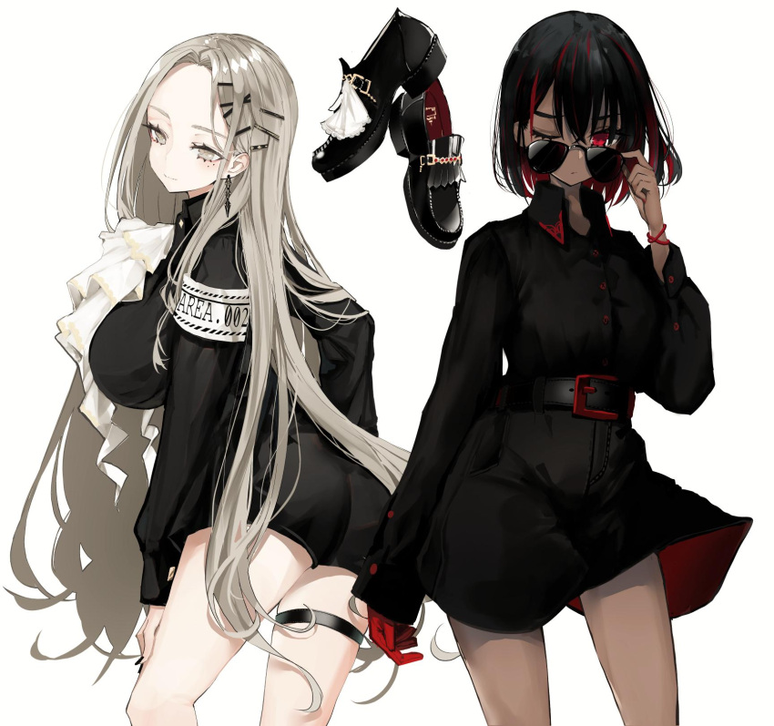 2girls armband ass bangs belt black_dress black_footwear black_hair bracelet breasts commentary cowboy_shot dress english_commentary gloves grey_eyes hair_ornament hairclip highres huge_breasts jewelry long_hair multicolored_hair multiple_girls naruwe original pale_skin parted_bangs red_eyes red_gloves redhead silver_hair simple_background streaked_hair sunglasses thigh_strap two-tone_hair very_long_hair white_background