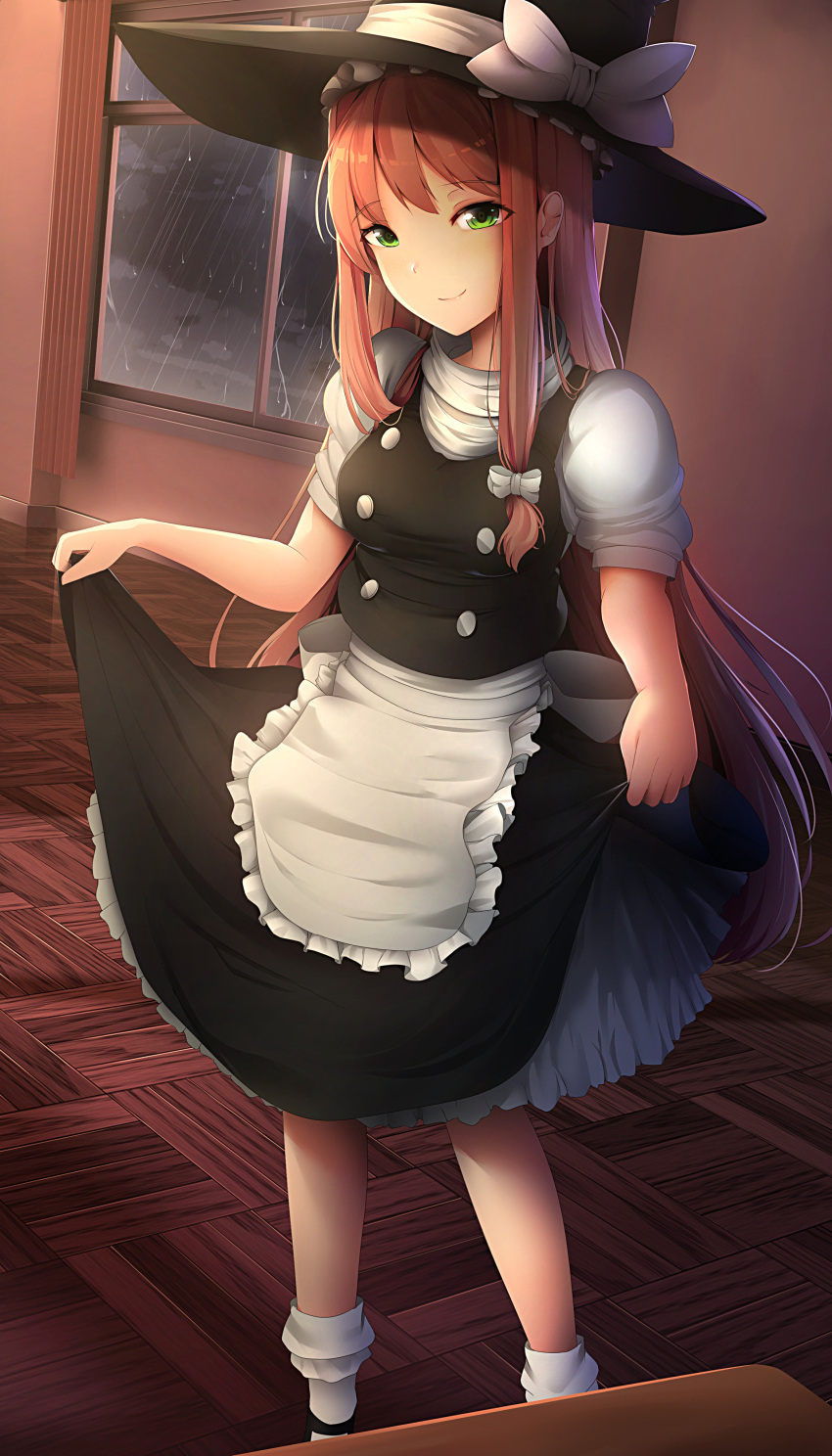 1girl absurdres apron bow brown_hair commentary cosplay doki_doki_literature_club english_commentary eyebrows_visible_through_hair eyes_visible_through_hair frilled_apron frills green_eyes hair_ribbon hat hat_bow highres indoors kirisame_marisa kirisame_marisa_(cosplay) long_hair looking_at_viewer monika_(doki_doki_literature_club) puffy_short_sleeves puffy_sleeves rain ribbon short_sleeves skirt_hold smile solo touhou tsukimaru very_long_hair waist_apron white_ribbon window witch_hat