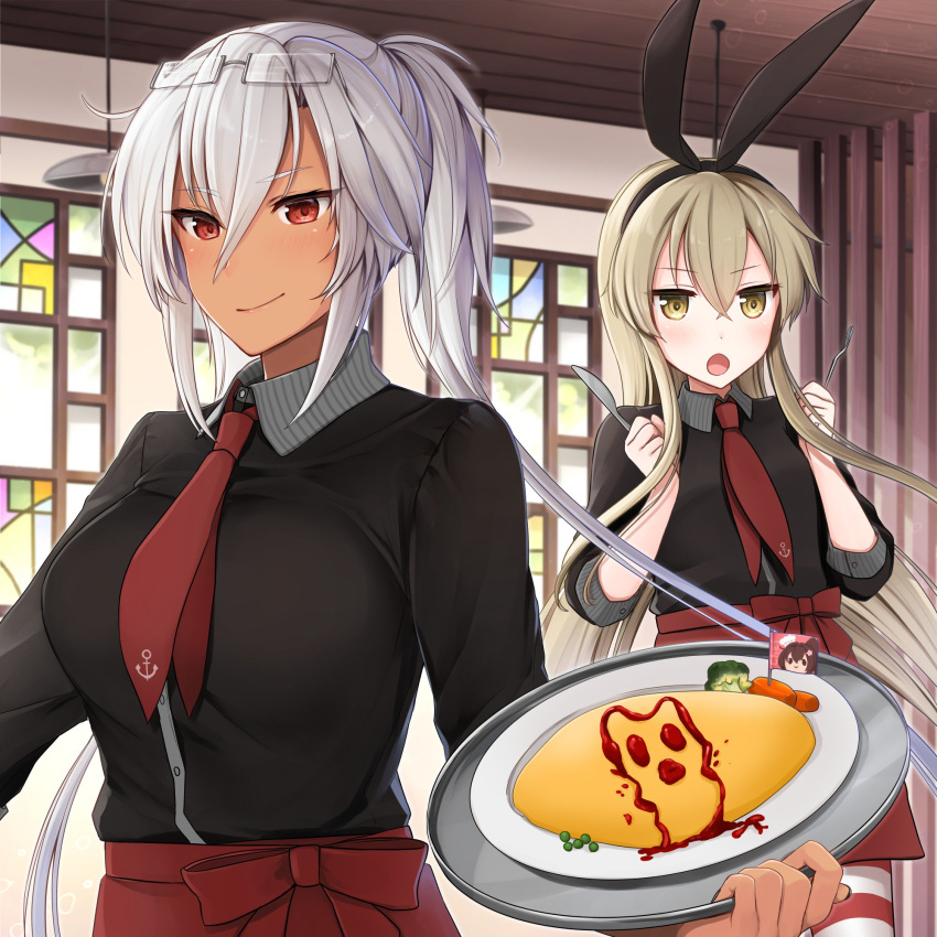 1girl 2girls bangs black_shirt blonde_hair blush breasts dark_skin day eyewear_on_head food fork glasses hair_between_eyes highres holding holding_fork holding_knife holding_tray indoors kantai_collection knife large_breasts long_hair multiple_girls musashi_(kantai_collection) necktie omurice open_mouth plate red_eyes red_neckwear semi-rimless_eyewear shimakaze_(kantai_collection) shirt sidelocks silver-framed_eyewear tray two_side_up window yellow_eyes yunamaro