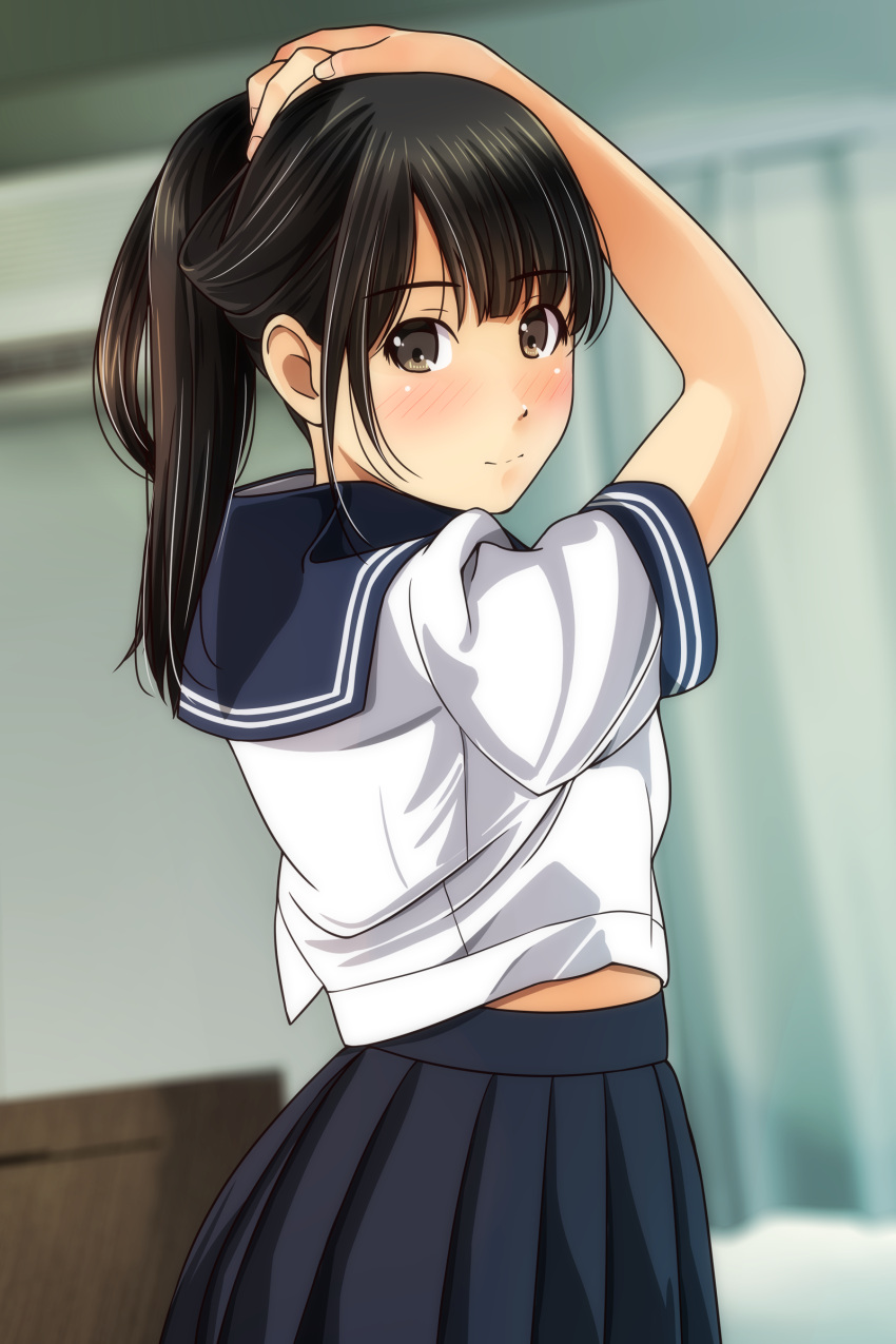 1girl absurdres arm_up bangs blue_sailor_collar blue_skirt blurry blurry_background blush brown_eyes brown_hair bunching_hair closed_mouth curtains depth_of_field eyebrows_visible_through_hair fingernails highres indoors long_hair looking_at_viewer looking_to_the_side matsunaga_kouyou nose_blush original pleated_skirt sailor_collar school_uniform serafuku shirt short_sleeves sidelocks skirt smile solo very_long_hair white_shirt